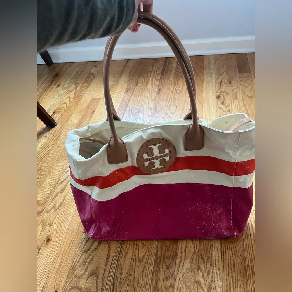 Tory Burch Pink and Cream Canvas Tote Bag